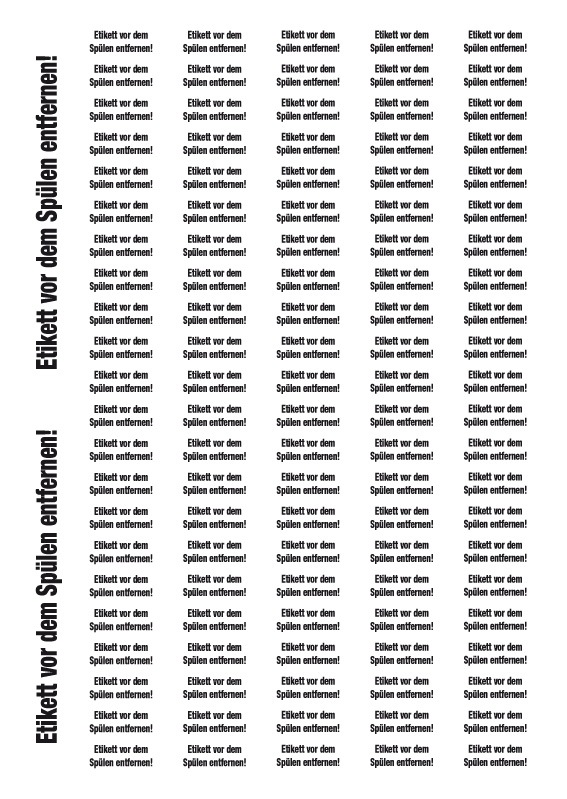 Haftetikett "Etikett vor dem Spülen entfernen!"